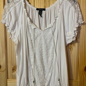 Style & Co. White Lace-Front Short Sleeve Peasant Top